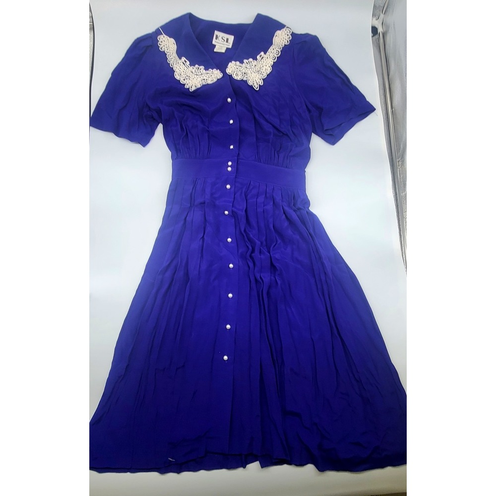KSL Karin Stevens Purple Midi Dress 16W Lace Collar Pearl Buttons Cottagecore